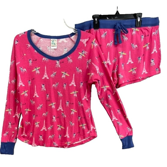 munki munki Other - Nite Nite MUNKI MUNKI Pajamas Women L Pink PJ Shorts French Bulldogs‎ Paris 2pc